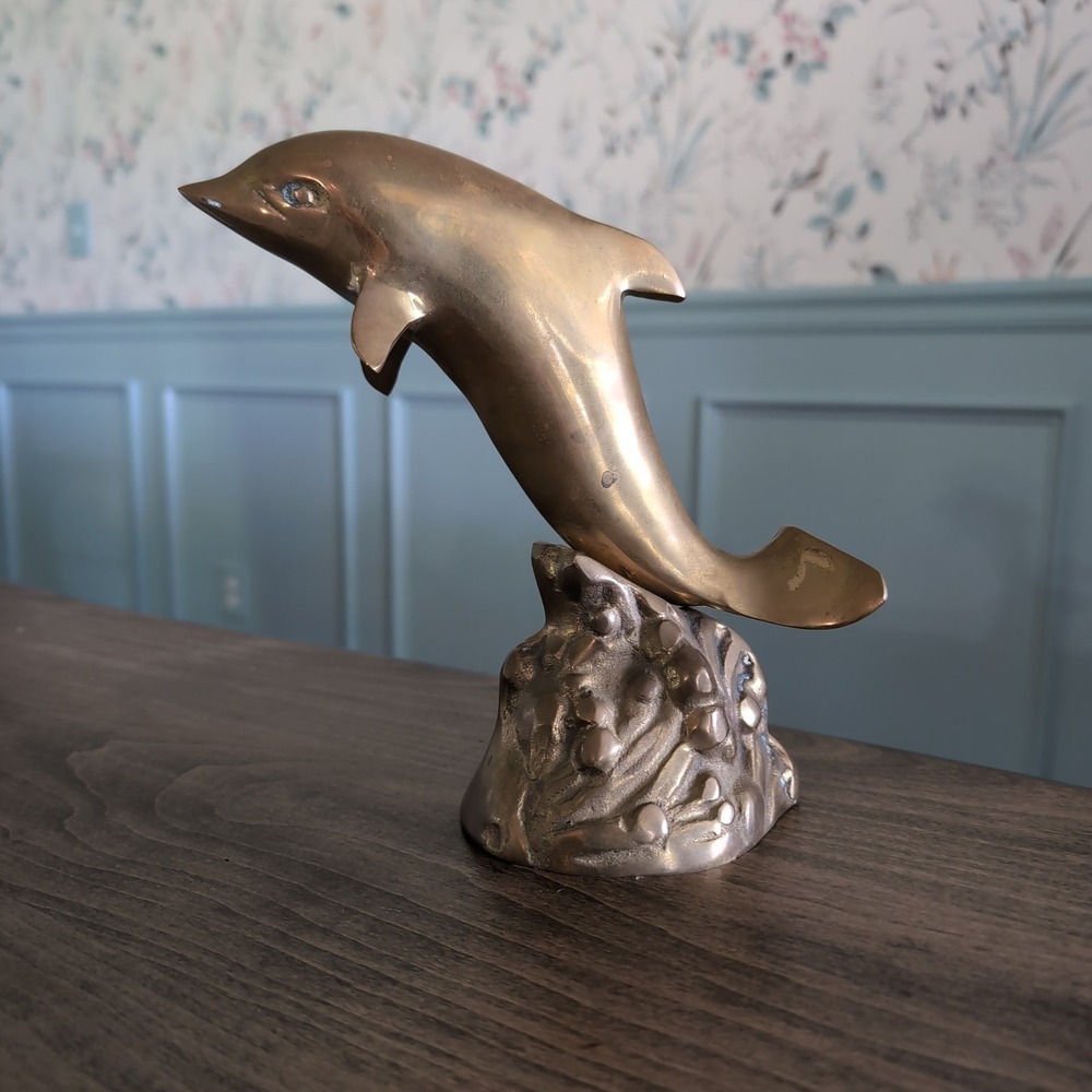 Vtg Brass Dolphin Figurine Sculpture Waves Nautical Ocean Animal Decor Sea Life
